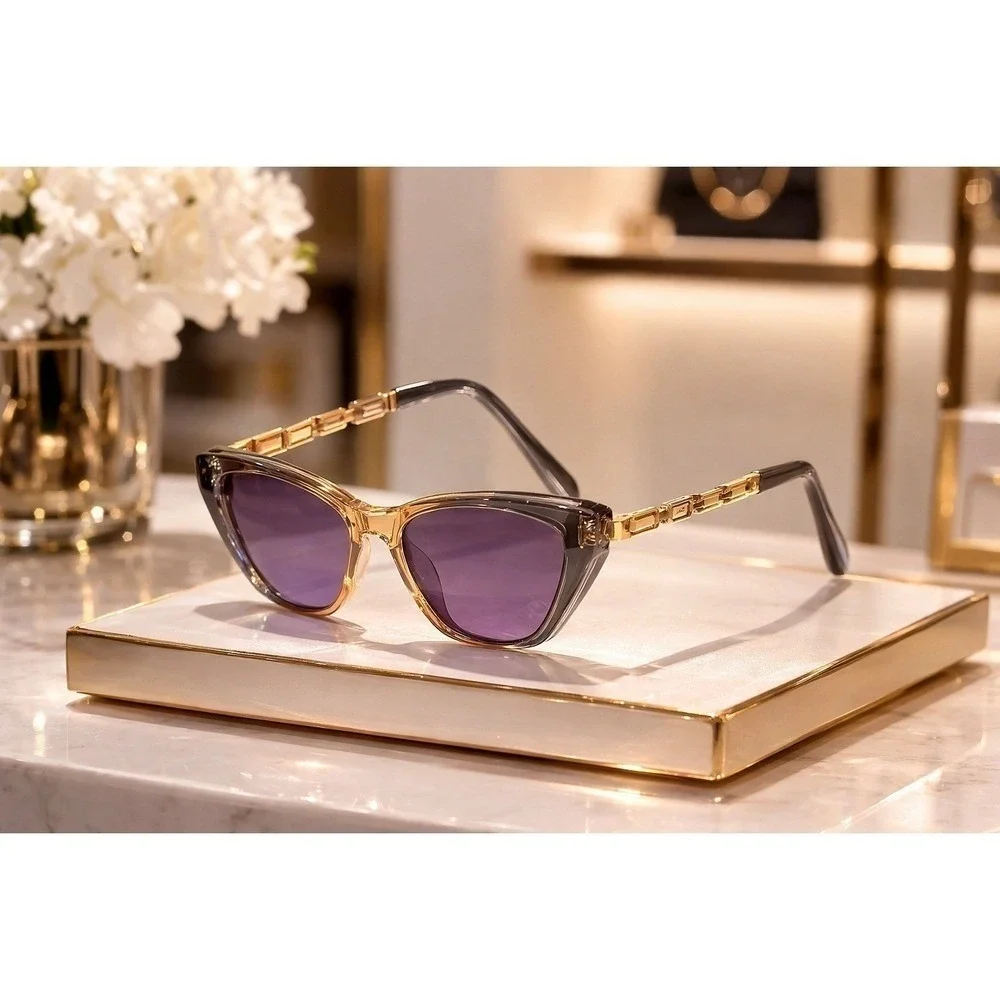Women Two-Tone Cat Eye Sunglasses Gold Chain Link Temples Purple Gradient Lens